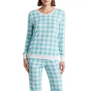 JACLYN Whisper Waffle Knit Long Sleeve Top & Pants Pajamas::Teal Gingham::NWT::
